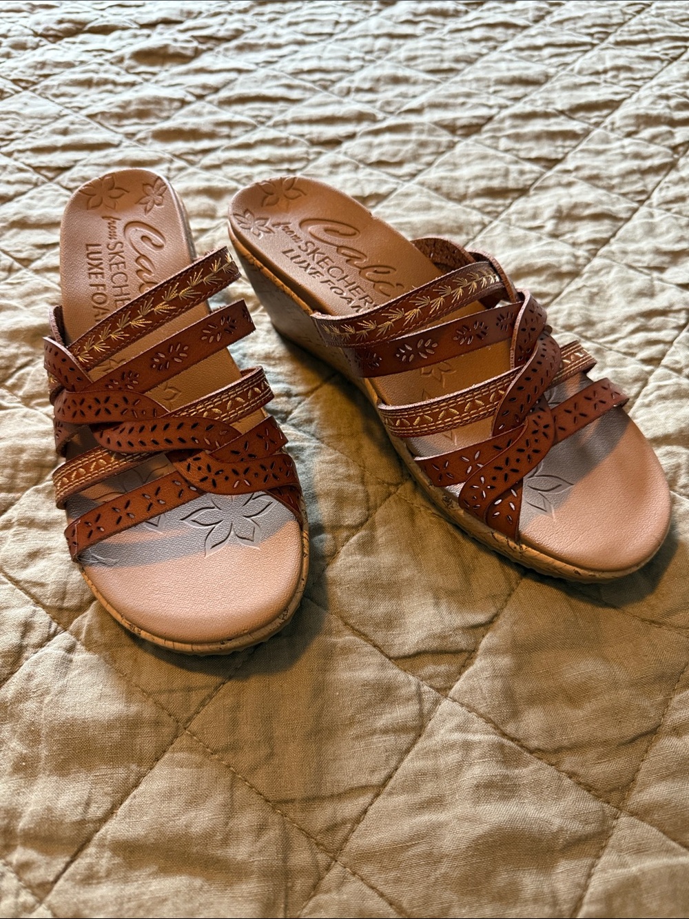 Skechers Brown Strappy Wedge Sandals with Decorative Cutouts